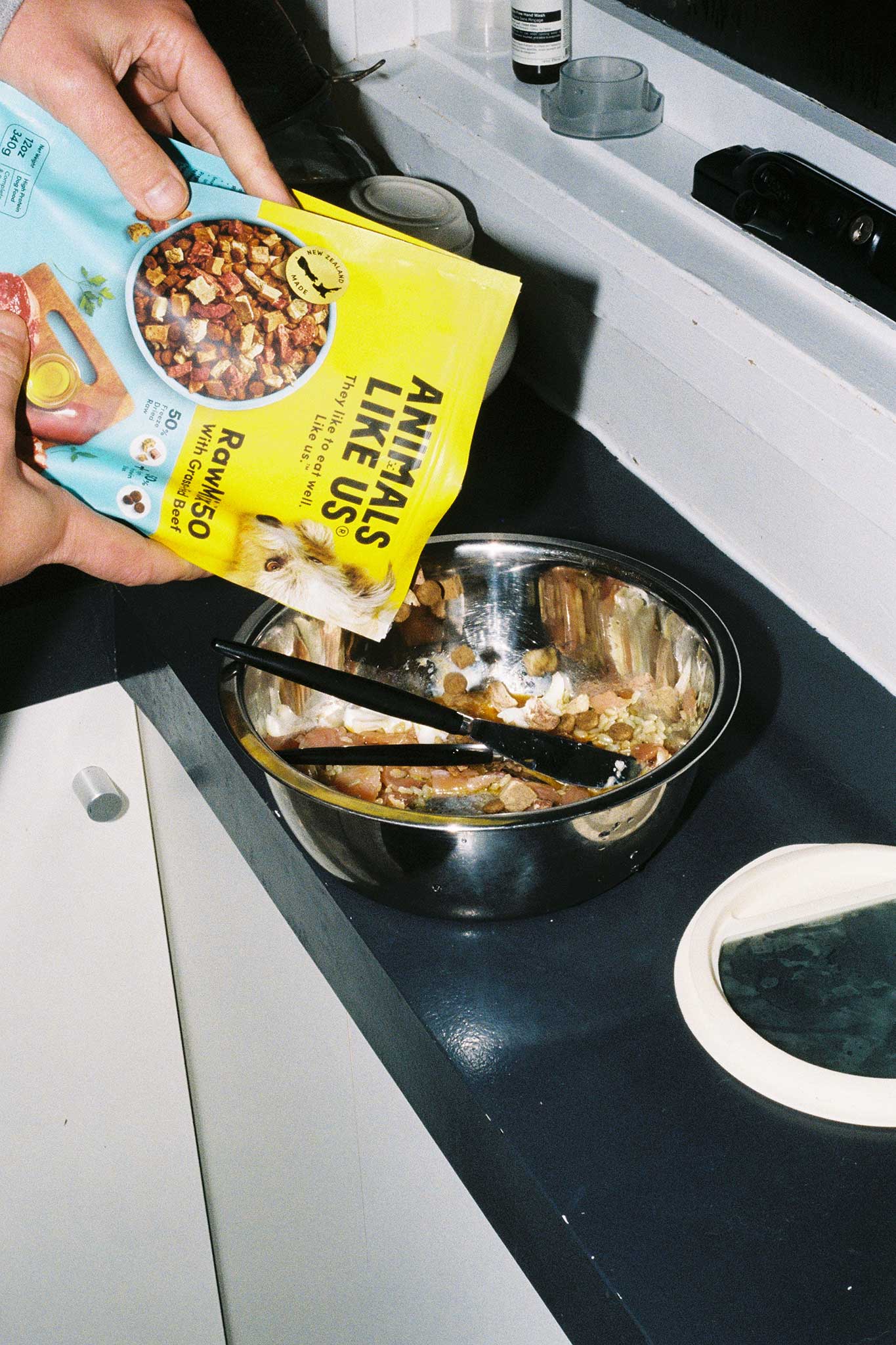 Animals Like Us lifestyle product photography and social media content on 35mm film for a dog food brand.