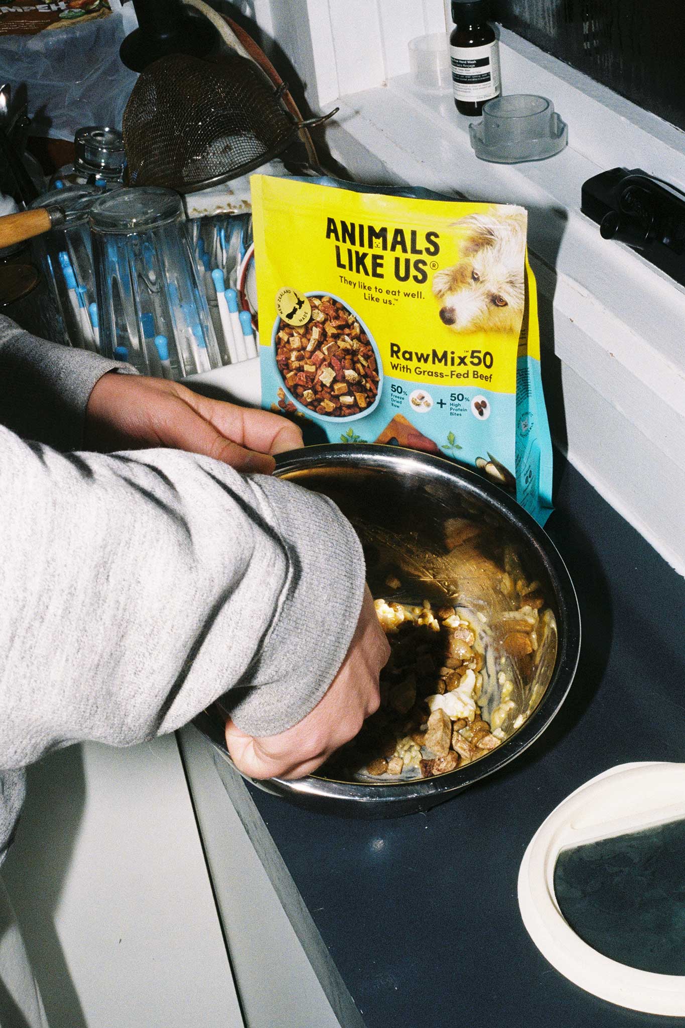 Animals Like Us lifestyle product photography and social media content on 35mm film for a dog food brand.