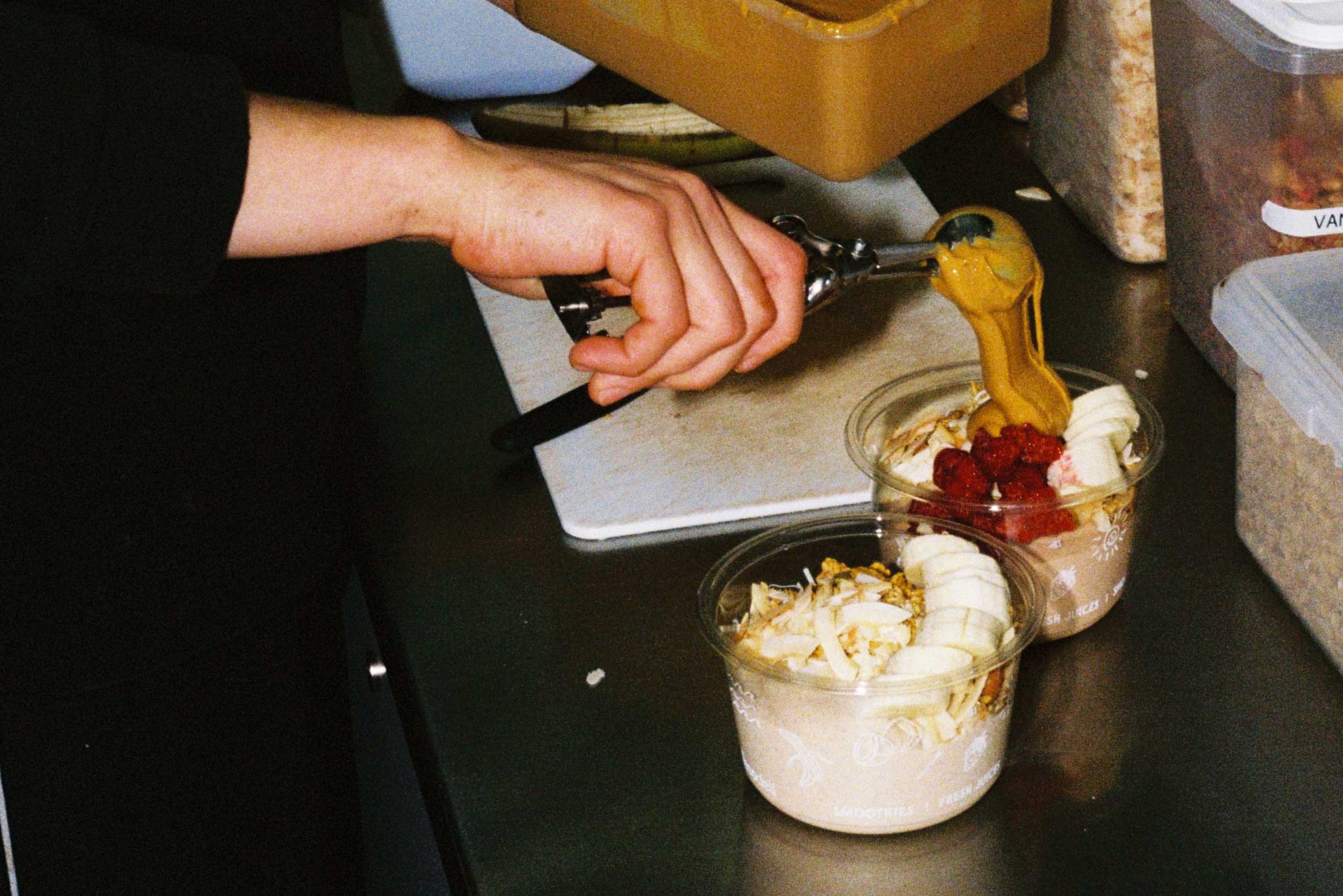 Smoothie bowls at Bowl & Arrow photographed on 35mm film. Brand social media imagery for cafes and restaurants.