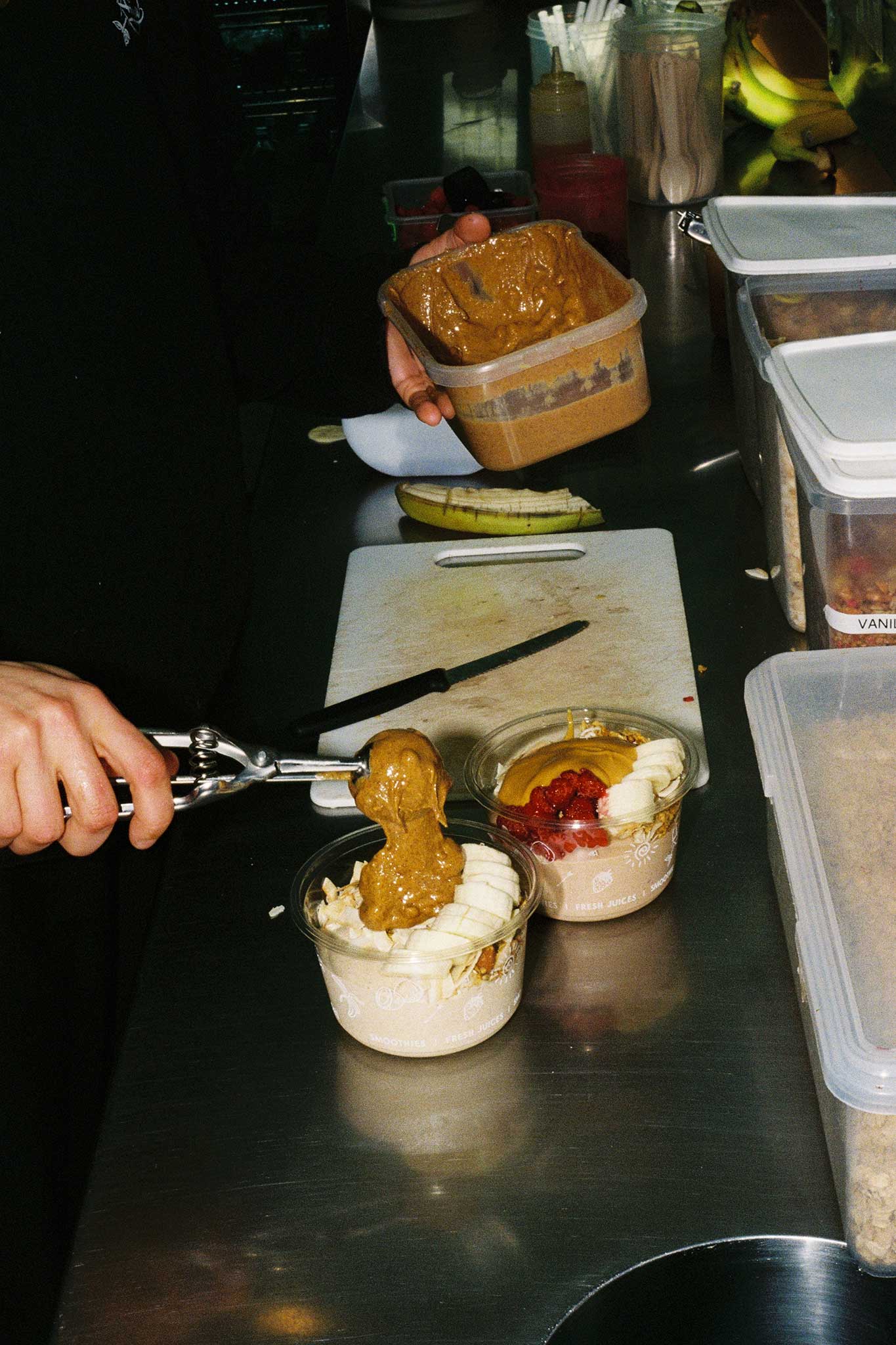 Smoothie bowls at Bowl & Arrow photographed on 35mm film. Film aesthetic social media imagery for cafes and restaurants.