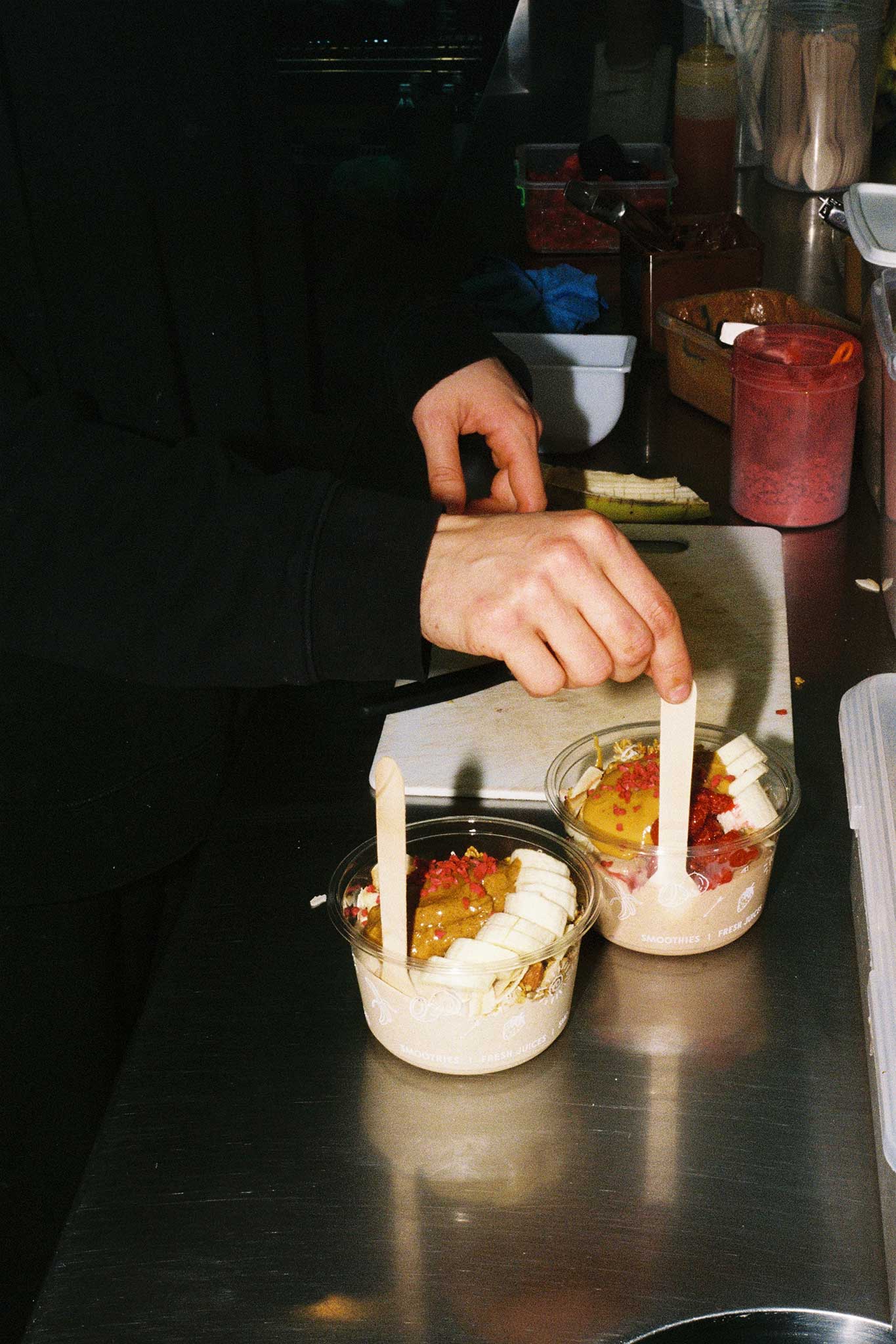 Behind the scenes photography 35mm film aesthetic. Smoothie bowls at Bowl & Arrow.