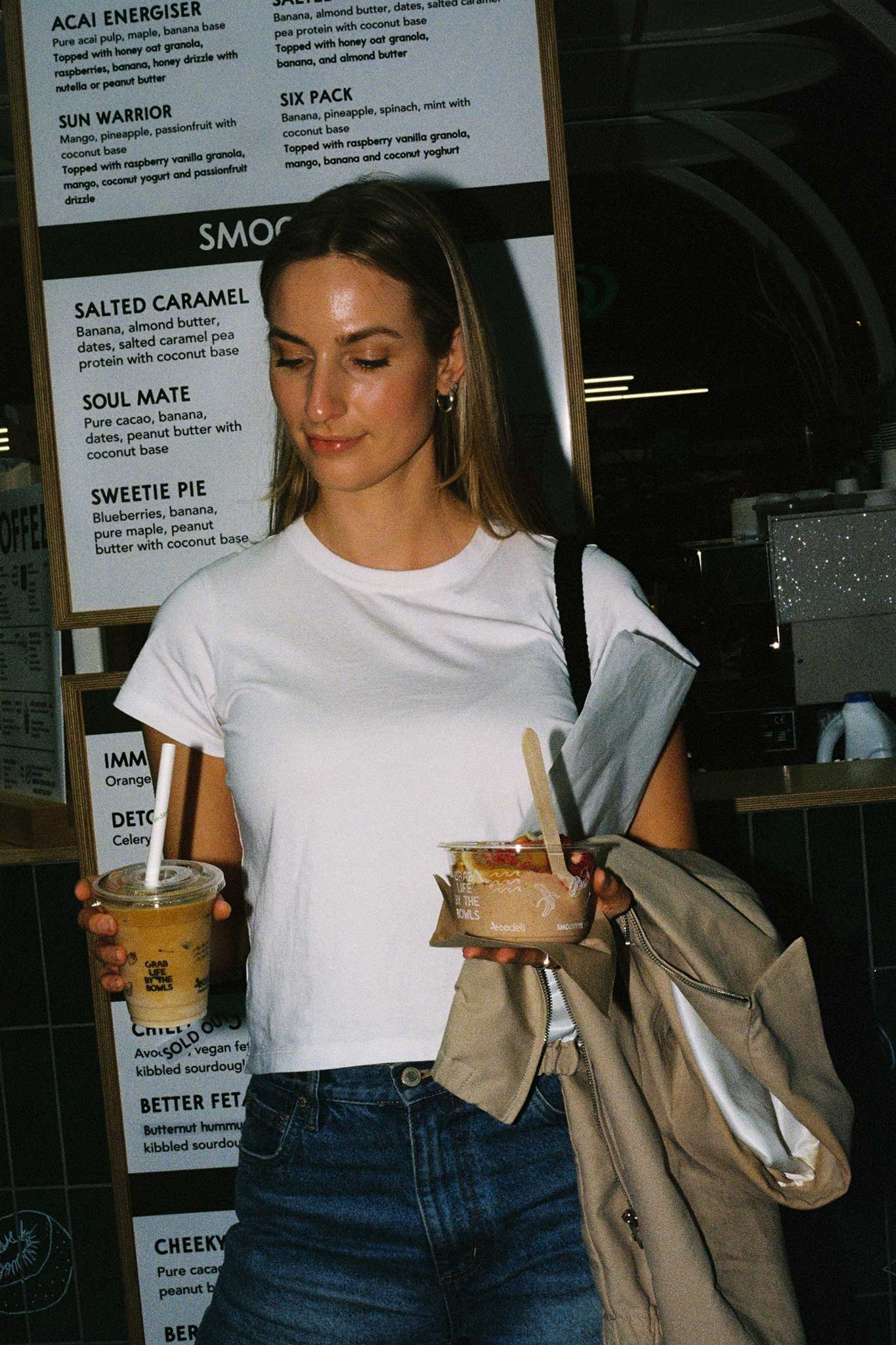 Smoothie bowls at Bowl & Arrow photographed on 35mm film. Film aesthetic lifestyle food photography.