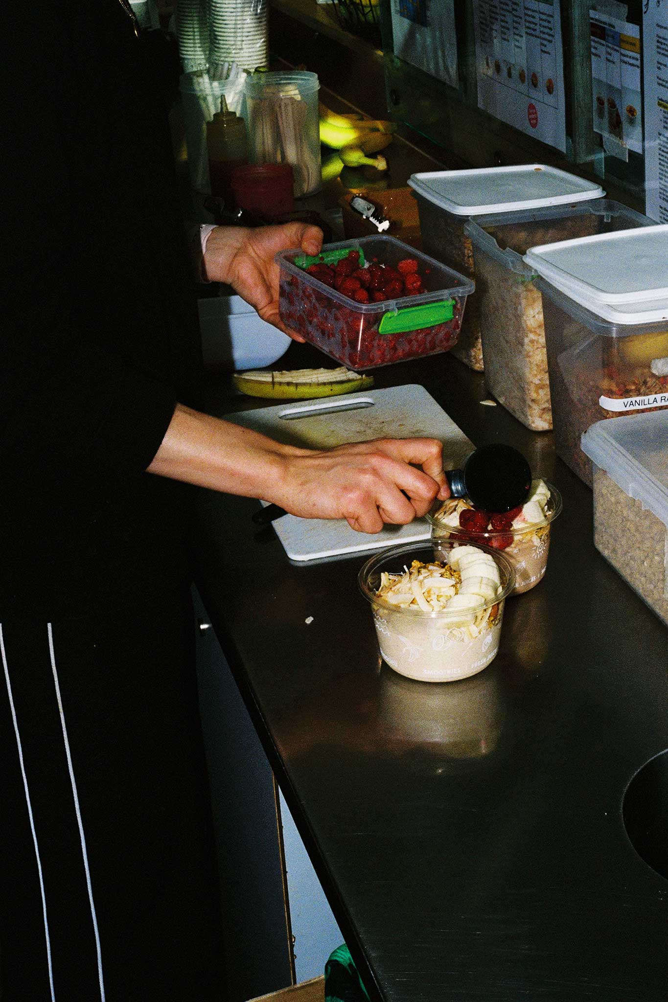 Behind the scenes photography and social media content on 35mm film for Ecoware Packaging at Bowl & Arrow.