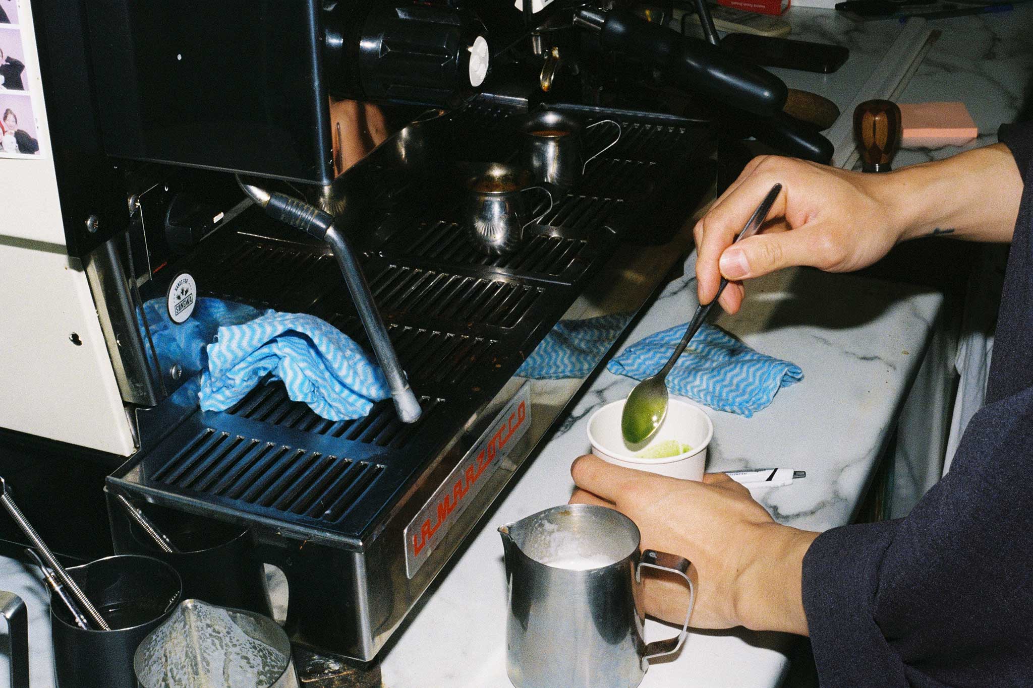 Matcha photographed on 35mm film. Aesthetic brand social media imagery for cafés.