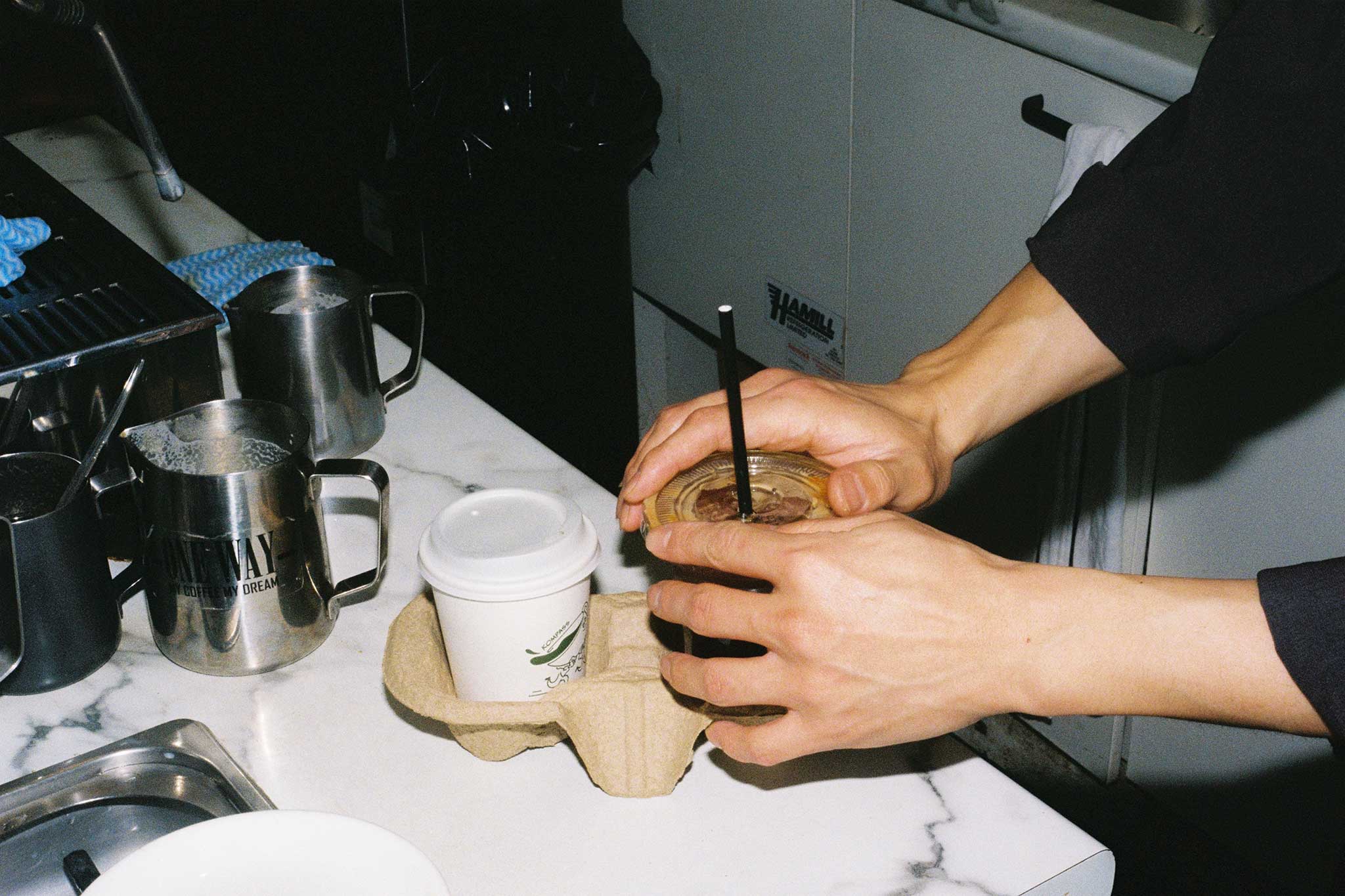 Coffee and matcha photographed on 35mm film. Social media content ideas for cafés and restaurants.