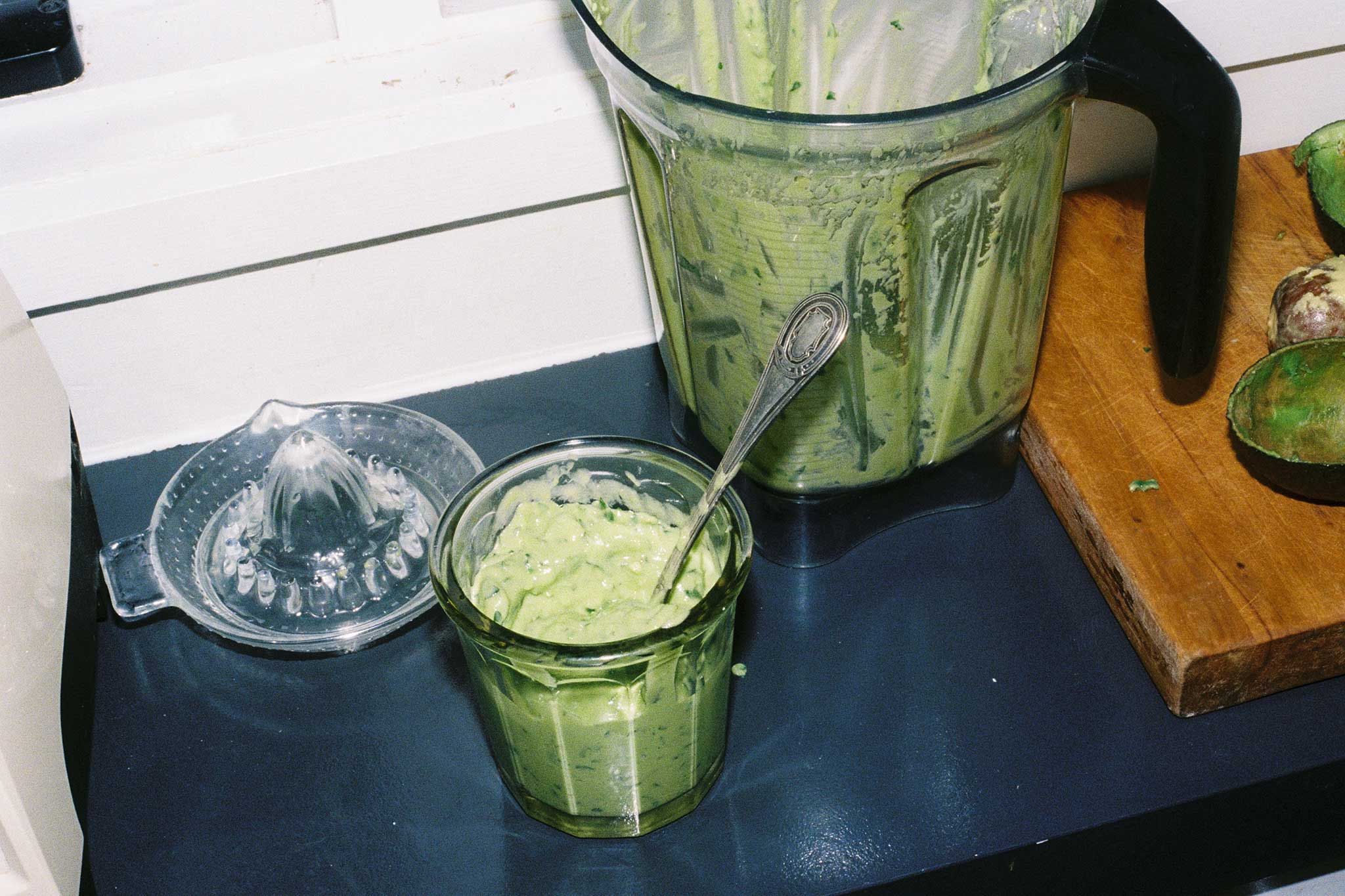Avocado dressing. Direct flash film photography. Recipe content for social media and Substack on 35mm film.