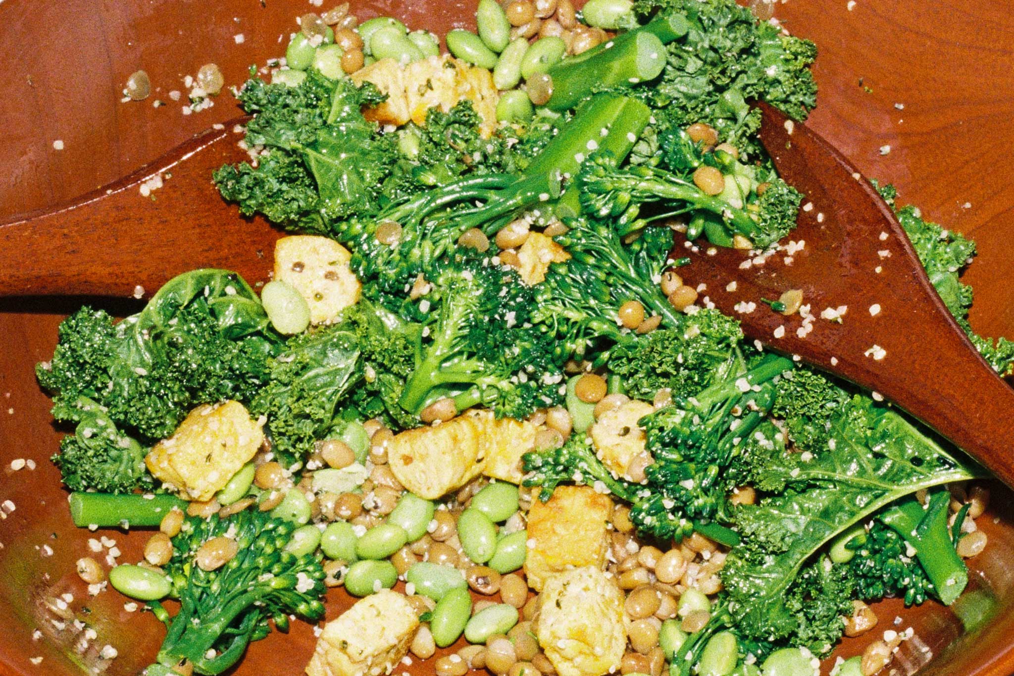 Salad photographed on film with direct flash using Kodak Ultramax 35mm film. Lifestyle food photography for chefs and creators.