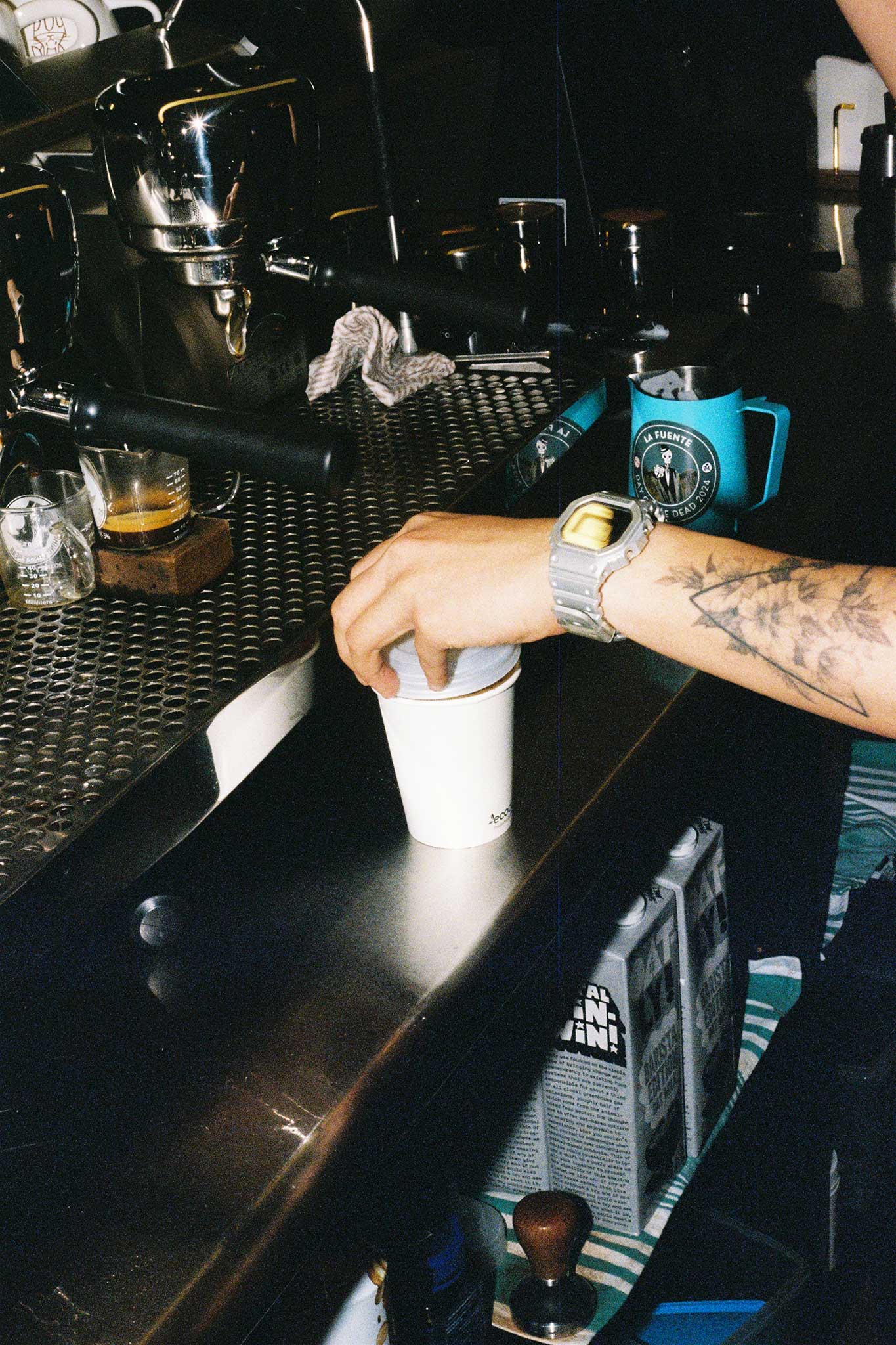 Café brand photography ideas, 35mm film with direct flash at Rumours.